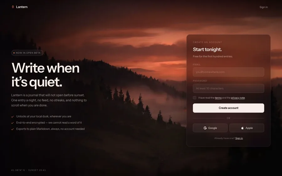 Lantern — Journalling App landing page
