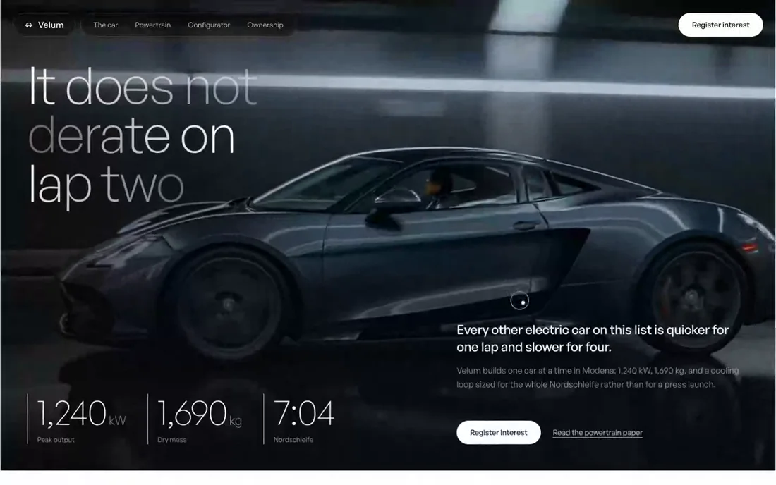 Velum — Electric Performance landing page
